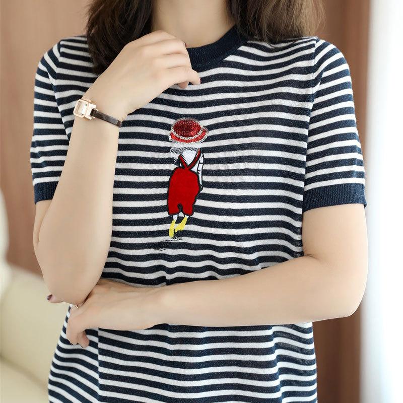 Полосатая вышитая футболка с круглым вырезом из мерсеризованного хлопка для женщин, летний топ с короткими рукавами, вязаный свитер с контрастной хлопковой нитью