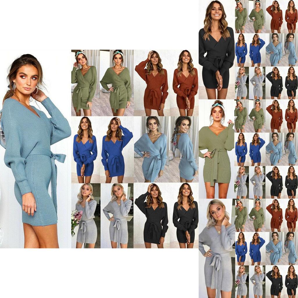 Элегантное женское облегающее платье-джемпер с V-образным вырезом, длинными рукавами и поясом-завязкой