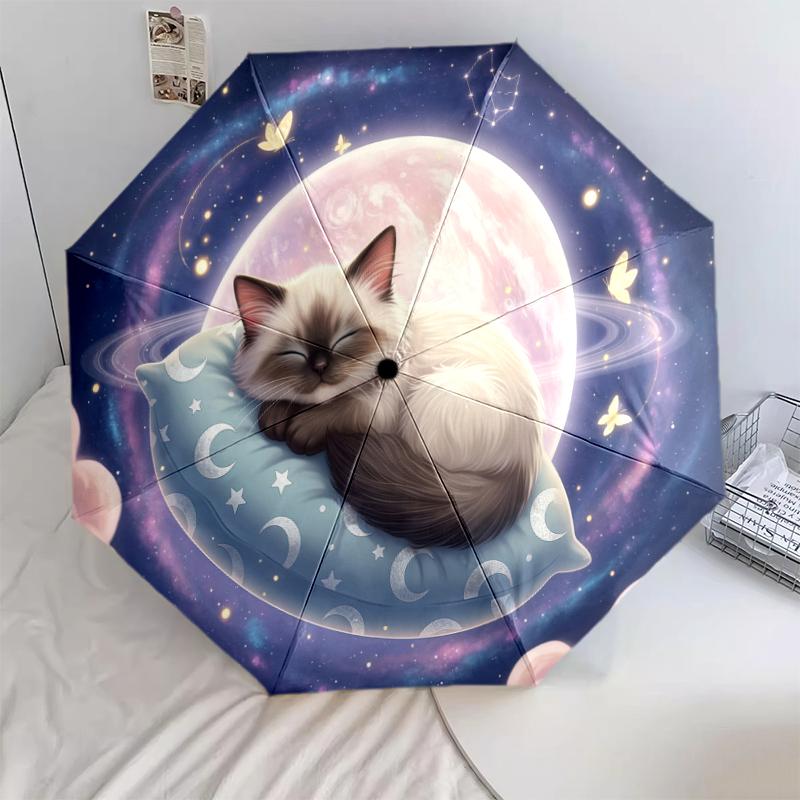 1 шт. Автоматический складной зонт - С рисунком милого спящего кота, Портативная и складная конструкция с 8 спицами, Рождественские и новогодние подарки на день рождения