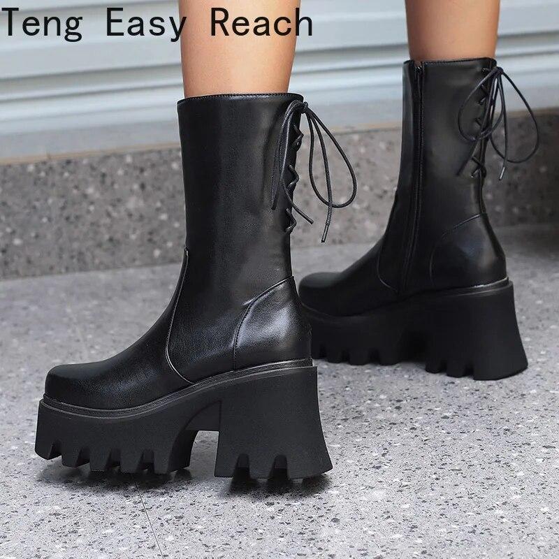 Size 34-44 Est Arrive Est Estpu Zipper Ankle Boots Square Toe Thick High Heels Boots Woman Punk Ladies Platform Boots White