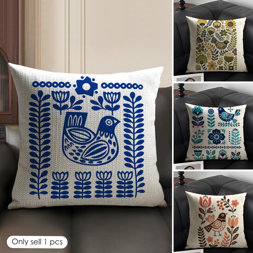 Art Bird Pattern Cushion Cover Linen Organic Fabric DoubleSided Printing Sofa Breathable Home Decor Gift Pillow Case