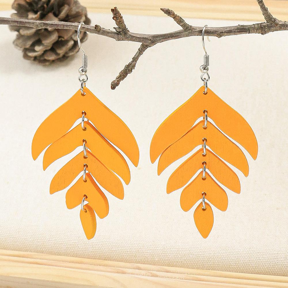 Fashion Cutting Laser Wooden Drop Earrings Set Ethnic Cute Beautiful Leaf Feather Geometry Colorful Hanging Dangle Zircon