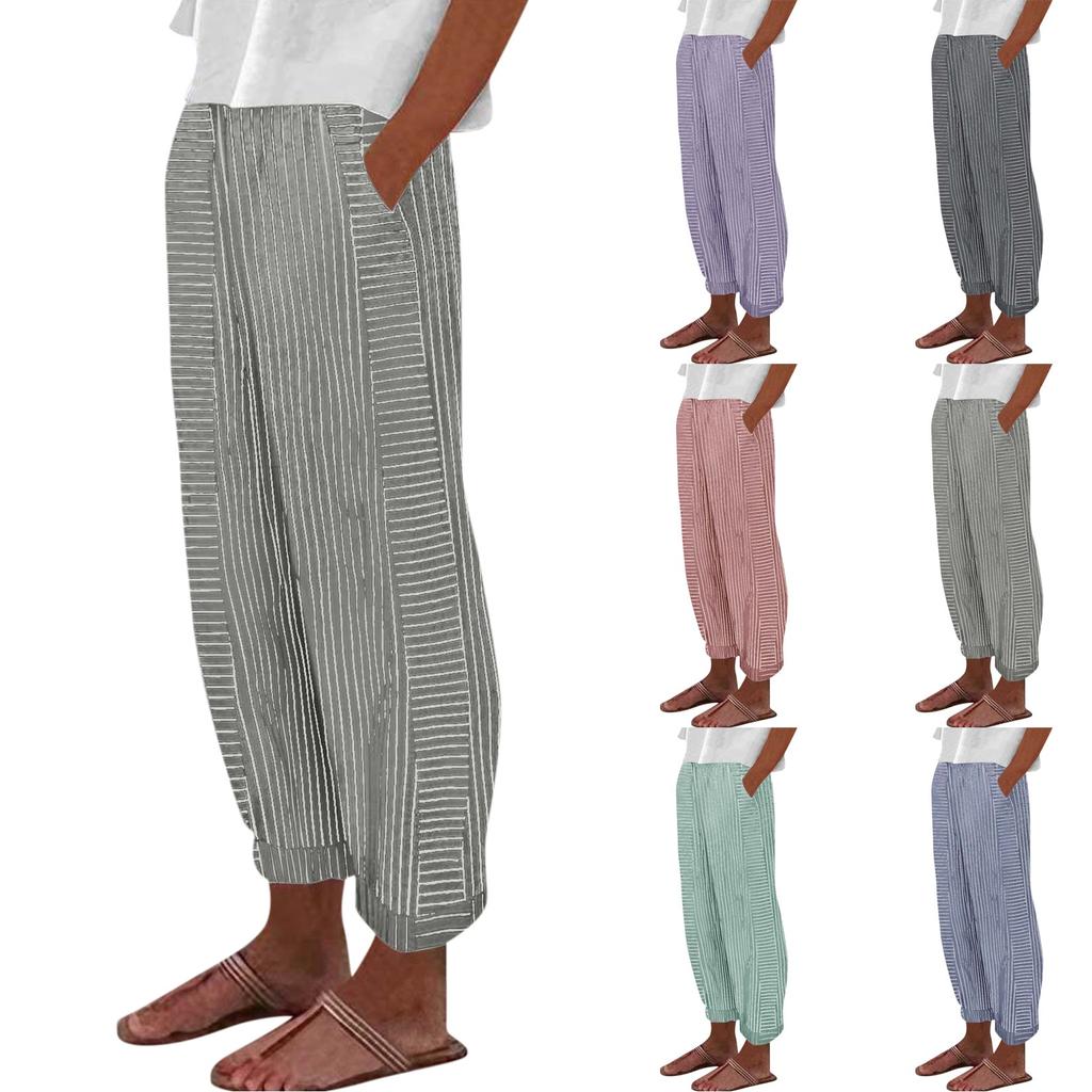 Women Casual Stripe Print Up Trendy Pants Baggy Elastic Waist Straight Leg Comfort Trousers With Pocket