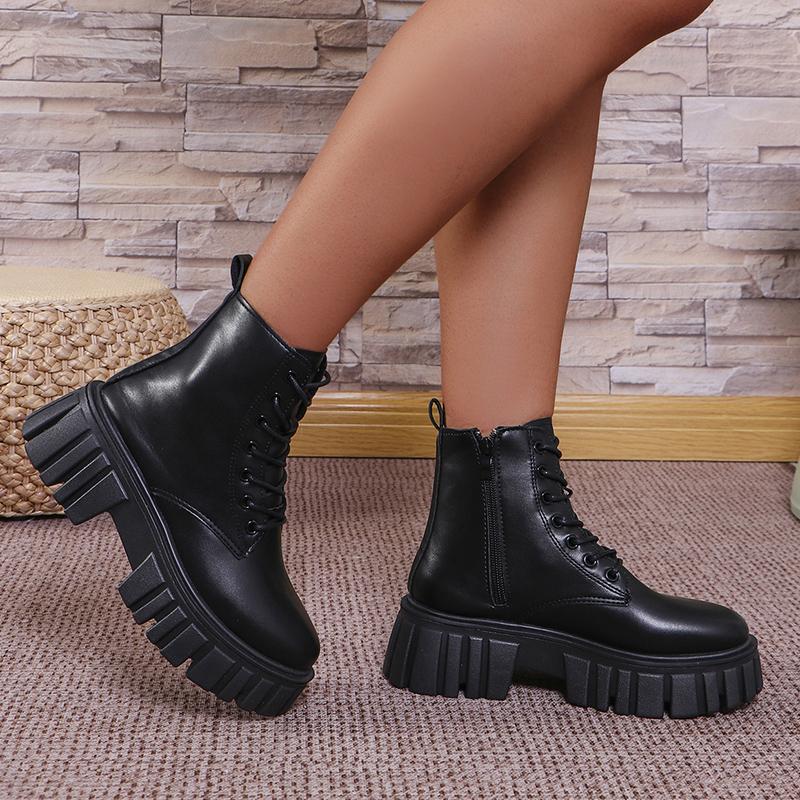 Fashion Women's Chunky Platform Ankle Boots Thick Bottom Non Slip Combat Boots Woman Fashion Lace Up Black PU Leather Botas Mujer 2025