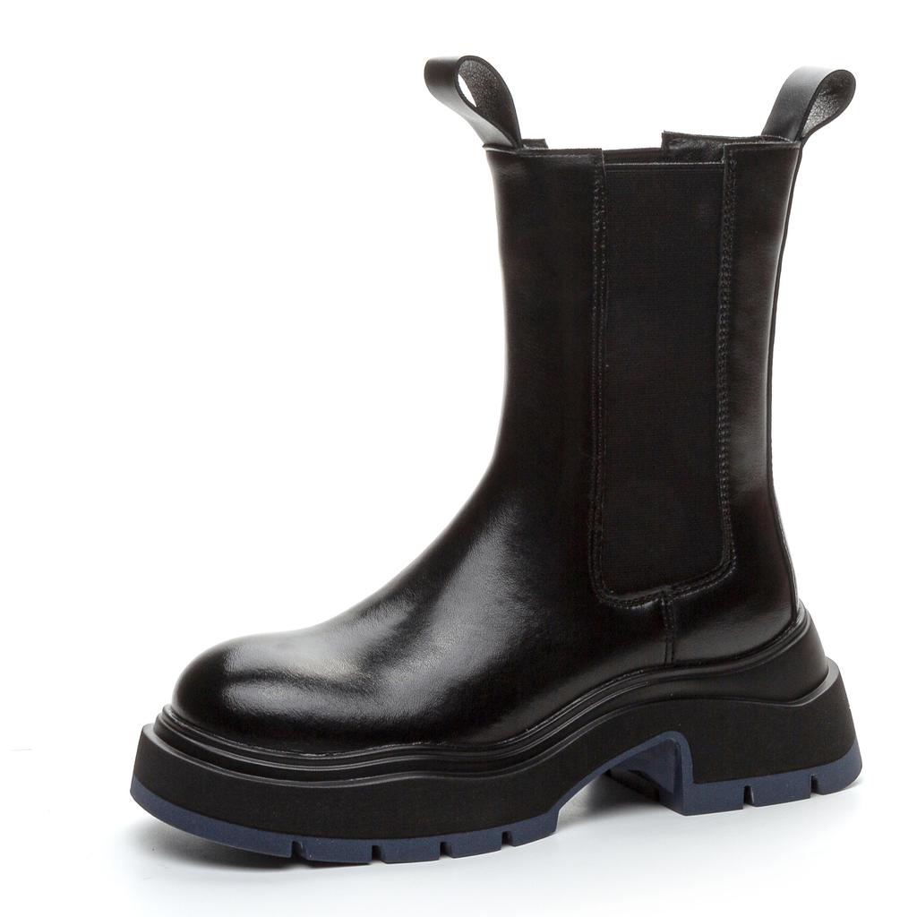 Customized Leather Thick-soled Heightening BV Martin Boots 2025 Autumn and Winter New Round Head Black Boots Trendy and Comfortable Chimney