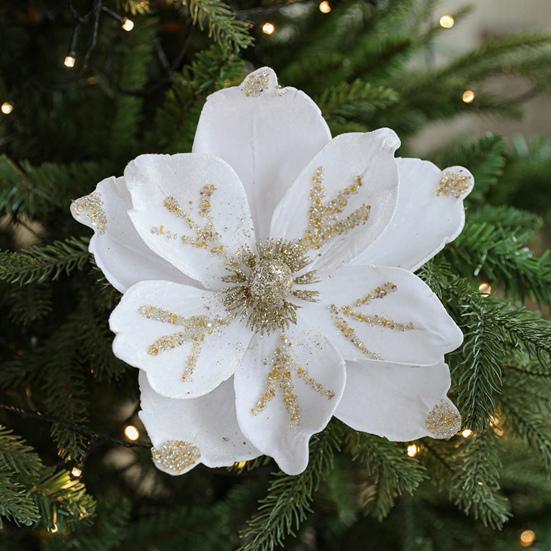 Artificial Poinsettia Flower Picks Velvet Glitter Magnolia Flower with Stem Christmas Tree Ornaments for Xmas New Year Party Wedding Holiday Decor