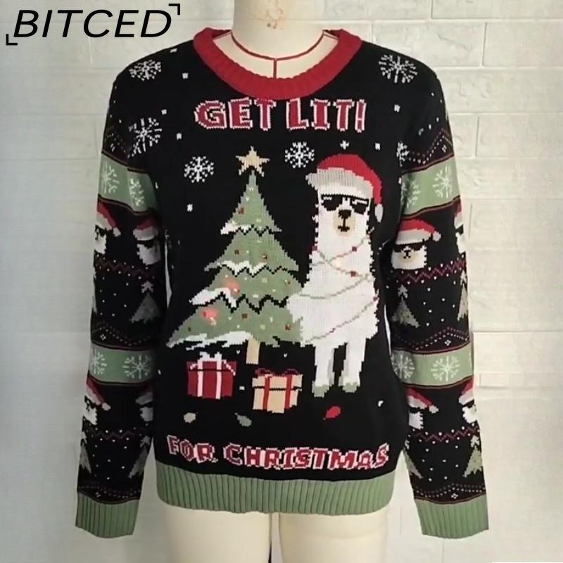 BITCED Women's Autumn/Winter LED Light-Up Alpaca Jacquard Oversized Pullover Christmas Sweater