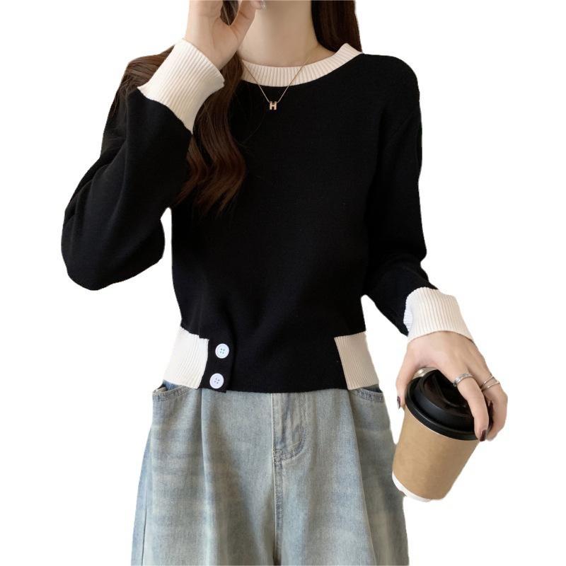 Spring and Autumn Contrast Color Knitted Sweater Button Long Sleeve Top Women's Premium Korean Niche French Age Reduction College Style