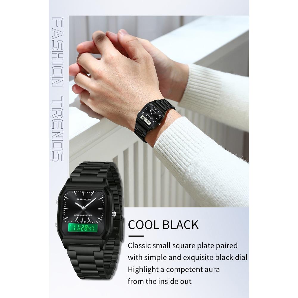 Unisex Analog Digital Quartz Wristwatch Square Case Waterproof Stainless Steel Bracelet Watch
