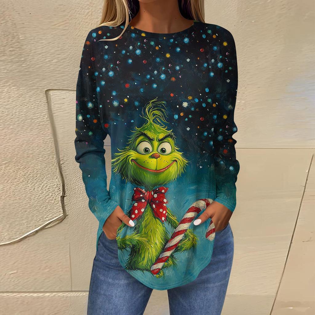 Женская свободная футболка с длинным рукавом с круглым вырезом и принтом, верхний пуловер