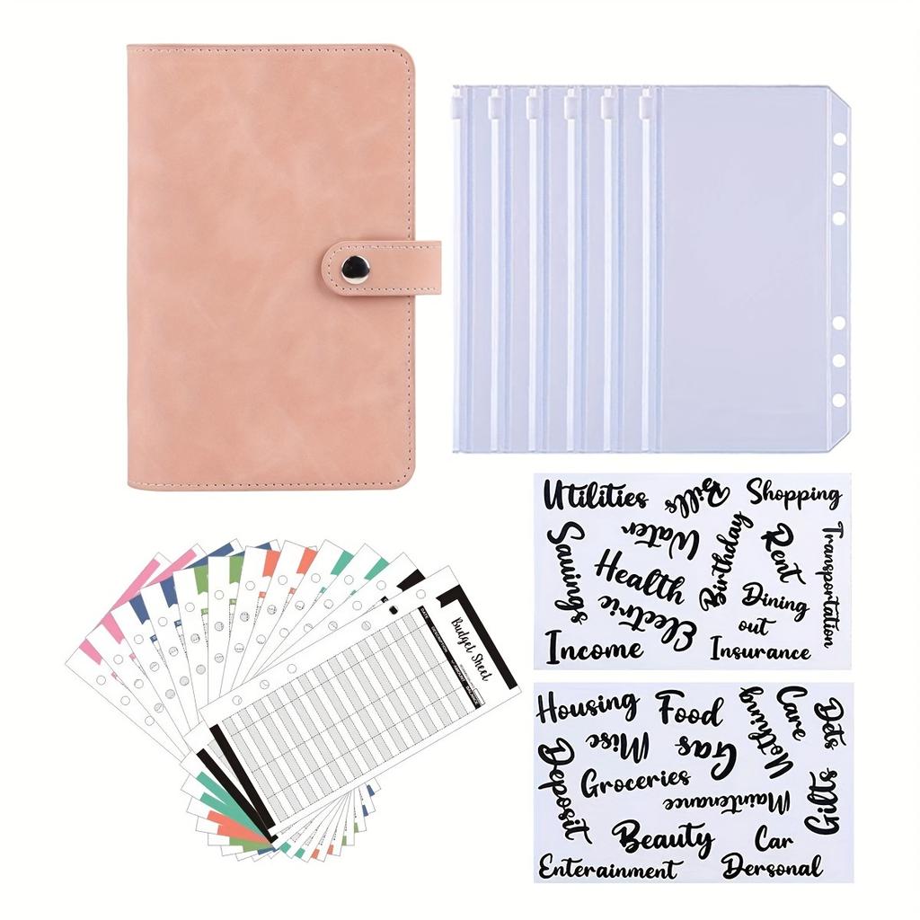 A6 Artificial Leather Button Closure Binder with Cash Envelope Pocket and Replacement Storage Bag, Perfect for Budgeting and Savings in Daily Life