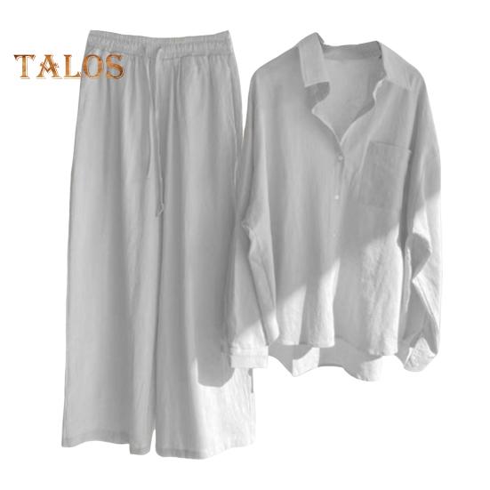 2 шт./компл., женская рубашка больших размеров, комплект брюк, сплошной цвет, блузка с воротником с лацканами и длинными рукавами, высокая талия, свободные широкие брюки, комплект, повседневная одежда для поездок на работу