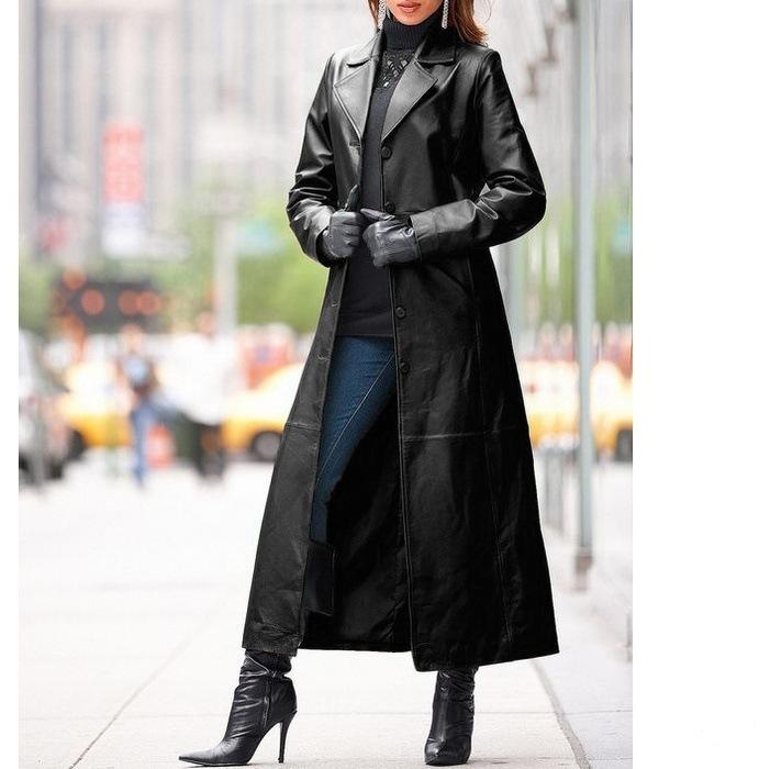 Autumn and Winter Coat European and American Women's Buttoned Leather Coats Extra Long Slim Fit Plus Size Leather Windbreaker Women
