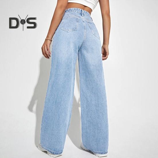 Женские джинсовые брюки с высокой талией, эластичные широкие джинсы с карманами, повседневные прямые джинсовые брюки на лето и осень