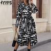 Women's Fashion Spring Autumn Stripe Print Long Sleeve POLO Neck Middle Waistline Casual Dresses