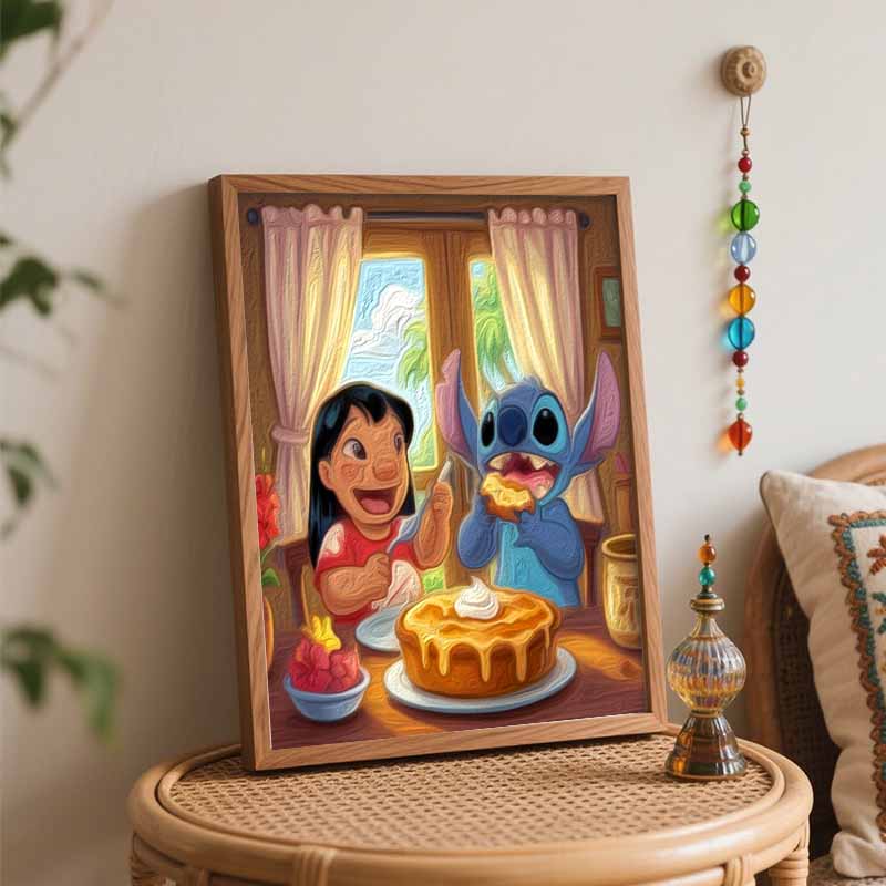 Disney Lilo Stitch Eating Cake Oil Paint Art Painting Kit Home Wall Decor Handmade Gift DIY Canvas Wall Art Bedroom Living Room Decor