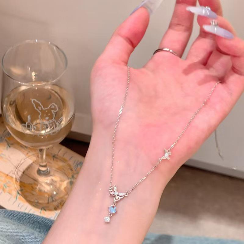 Серебряное ожерелье S999 с кисточкой в виде бабочки, цветными бриллиантами и лунным камнем, высококачественный дизайн для женщин.