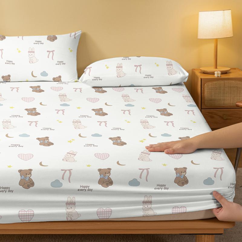 1 Cartoon Cute Animals Bear Rabbit Printed Matte Fitted Sheet, Bedroom Printed Bed Cover, Bedding (Excluding Pillowcases)