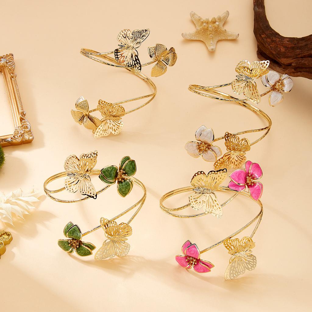 Boho Elegant Enamel Butterfly Flower Arm Cuff Bangle for Women Gold Color Adjustable Spiral Design Upper Arm Bracelet Jewelry