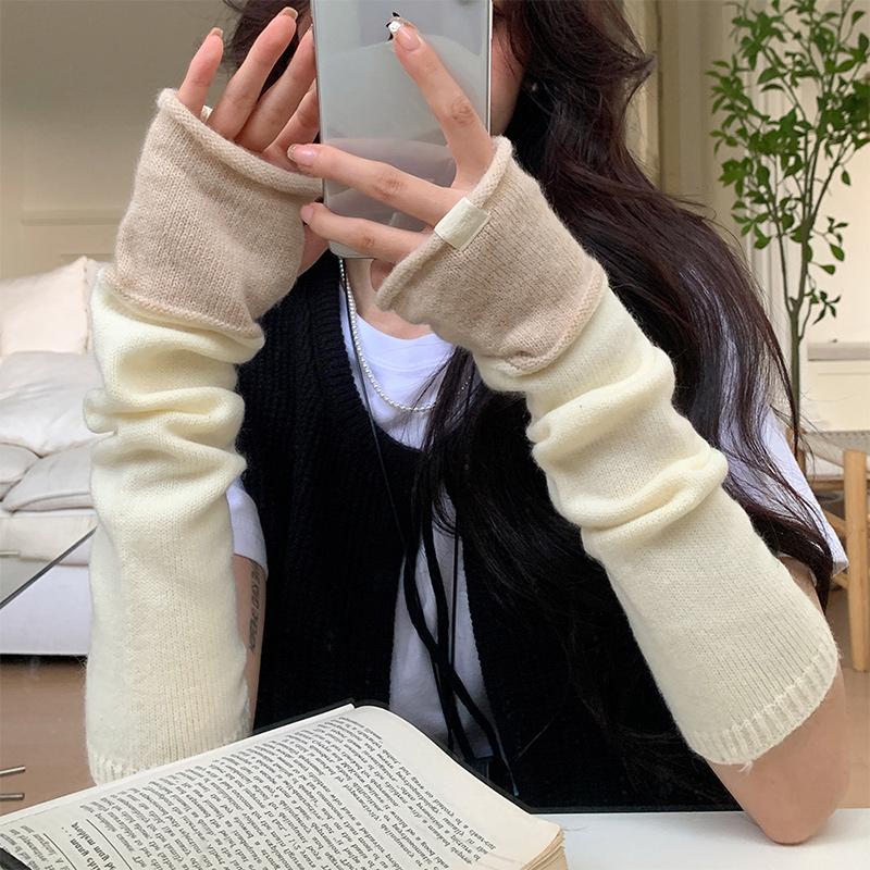 Imitation Wool Knitted Gloves For Women Winter Warm Arm Sleeves Touch Screen Mittens Separate Fingers Color Blocking Arm Cover