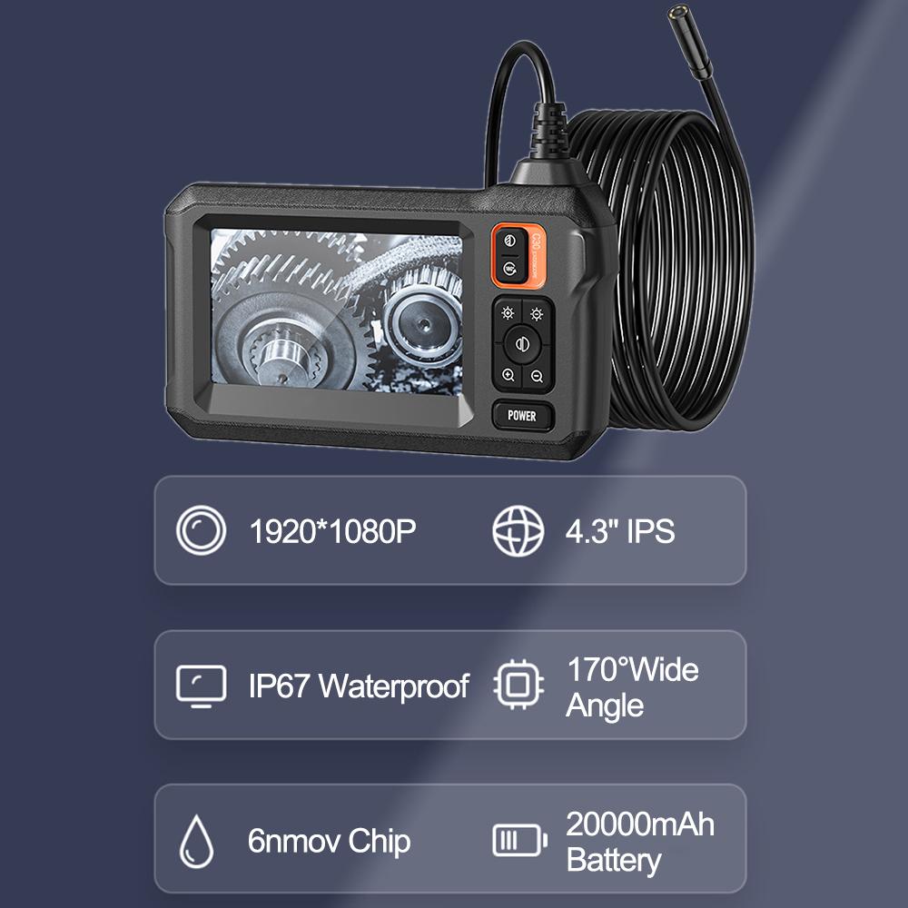C30 1m/5m Cable 1920*1080P HD Car Diagnostic Tools IP67 Waterproof Industrial Endoscope 4.3inch IPS Screen 8mm Camera 20000mAh