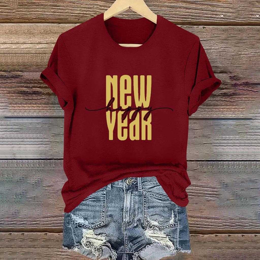 Women's Long Sleeve Round Neck T-Shirts 2025 New Year Print Puff Sleeve Shirts Button Blouses Tops