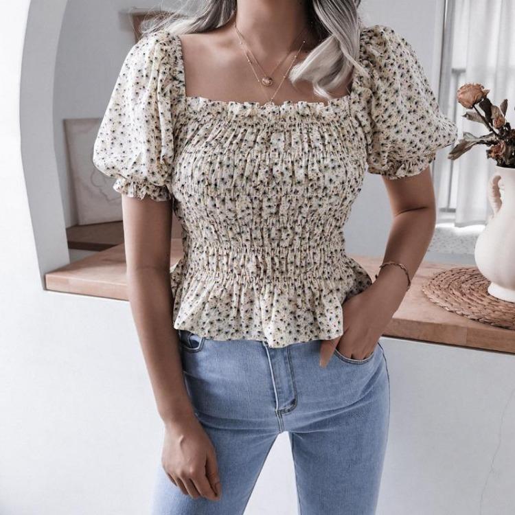 Шикарная женская блузка с цветочным принтом, весна-лето, квадратный вырез, короткий рукав-фонарик, оборка по низу, приталенная, шифоновый топ, простая S-XL