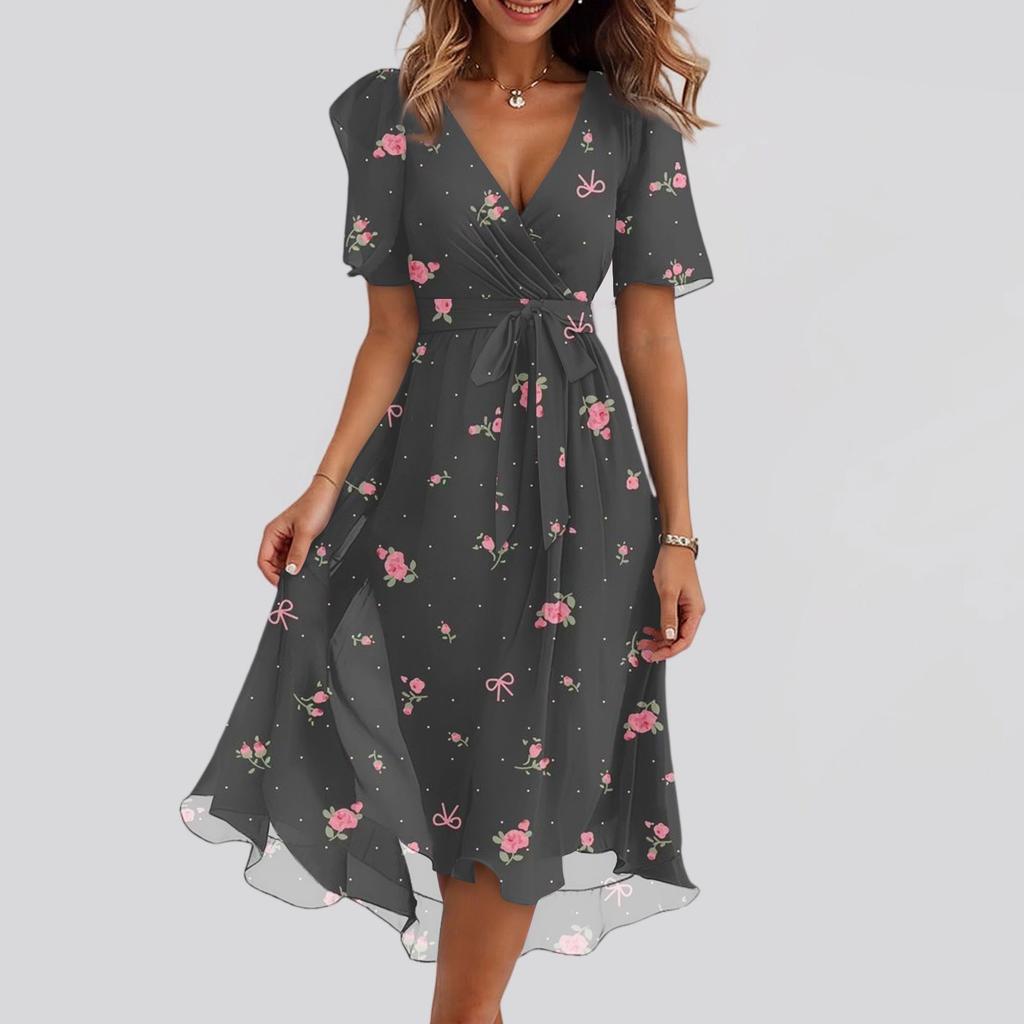 Women's Fashion Casual V Neck Short Sleeve Ruffled Vintage Printed Dresses