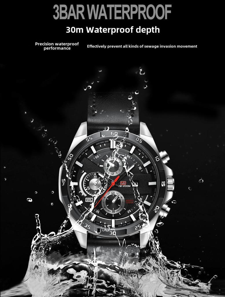 Мужские водонепроницаемые кварцевые часы для спорта на открытом воздухе с календарем и кожаным ремешком