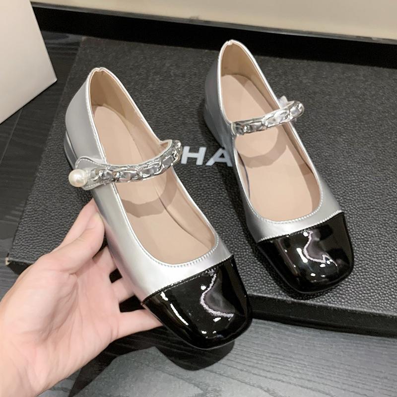 Fashion Low-heel Mary Jane Shoes Women's French Style Thick Heel Shoes Elegant Sweet Chain Pearl Beige Heels Women's Mixed Color Pumps