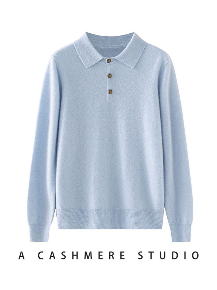 Women's Pure Cashmere POLO Collar Sweater - Autumn/Winter Slimming Loose Fit Base Layer Pullover