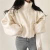 Women's Design Cropped Stand-up Collar Warm Faux Lamb's Wool Jacket Autumn and Winter Loose and Versatile Zip-up Cardigan Top