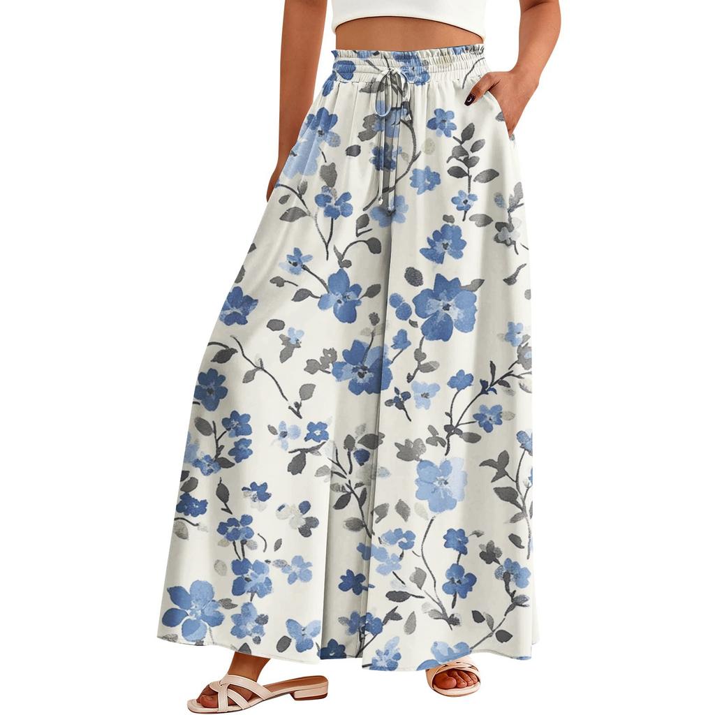 Women's Palazzo Pants Boho Floral Wide Leg Trousers Summer Beach High Waisted Flowy Pants With Pockets