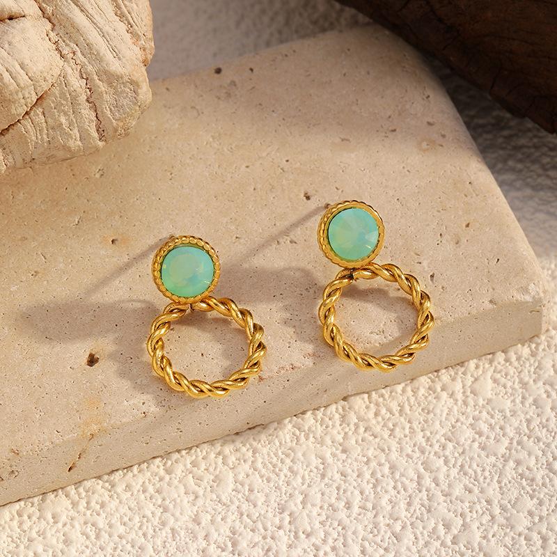 Popular turquoise titanium steel stud earrings light luxury high-end round stainless steel stud earrings electroplated 18K gold stud earrings