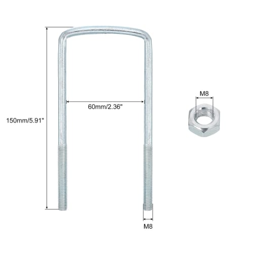 uxcell M8 Square U-Bolts, 60mm Inner Width, 150mm Length, Carbon Steel, with Nuts, Plates, and Washers, Set of 6, for Home and Industrial Use, Fasteni