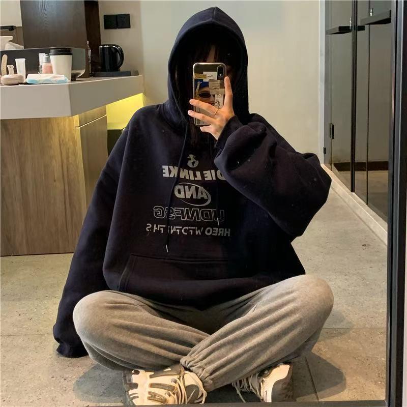 Winter Vintage Fleece Hooded Sweatshirt Loose Oversized Casual Top Unisex Women