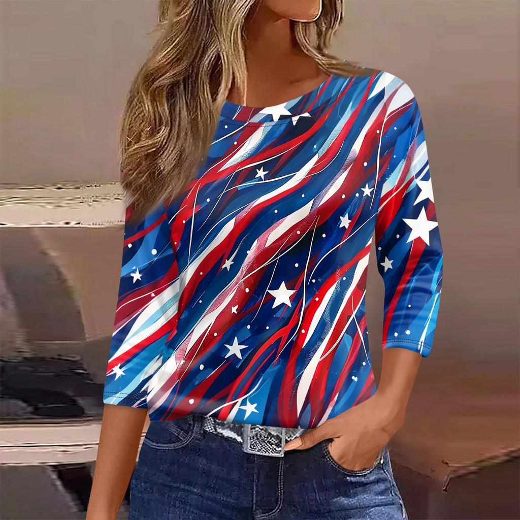 Women’s Long Sleeve Crewneck Top with Printed Star and Stripe Pattern Casual Loose Fit Pullover Shirt for Everyday Wear