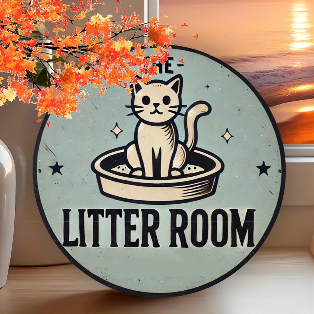 Round Cat-Themed Aluminum Metal Sign "The Litter Room" - Handcrafted Foil Engraved Wall Art for Home, Dorm, Bar, Cafe, Pool,