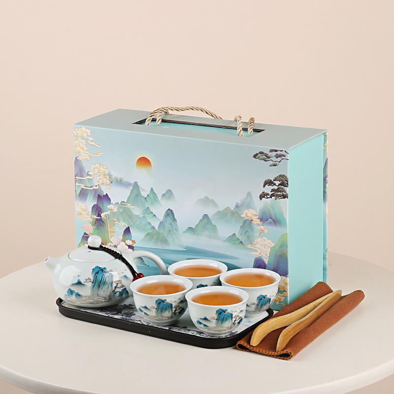 Portable ceramic express cup, one pot of four cups travel tea set, Guochao landscape gift box, business souvenir
