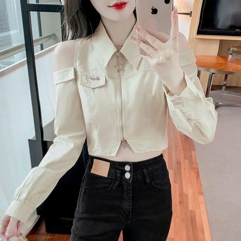 Off Shoulder Satin Shirt For Women With 3d Pattern And Polo Collar For Spring Season