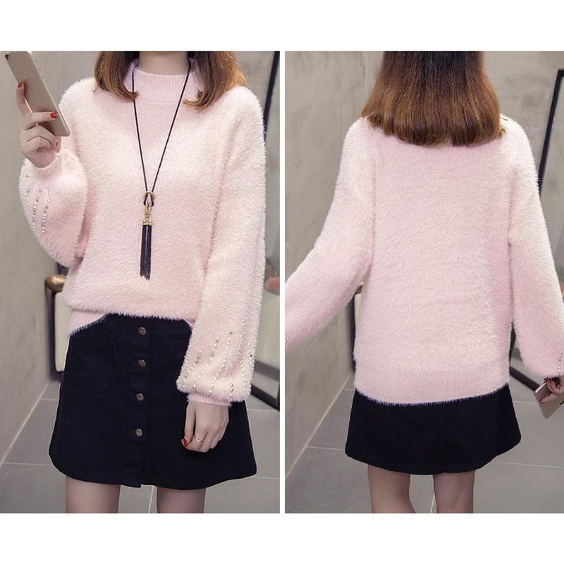 Нечеткий свитер для женщин, бархатный свитер из искусственной норки, женский пуловер с бисером, нижняя рубашка, корейские свитера из мохера с высоким воротом и длинными рукавами