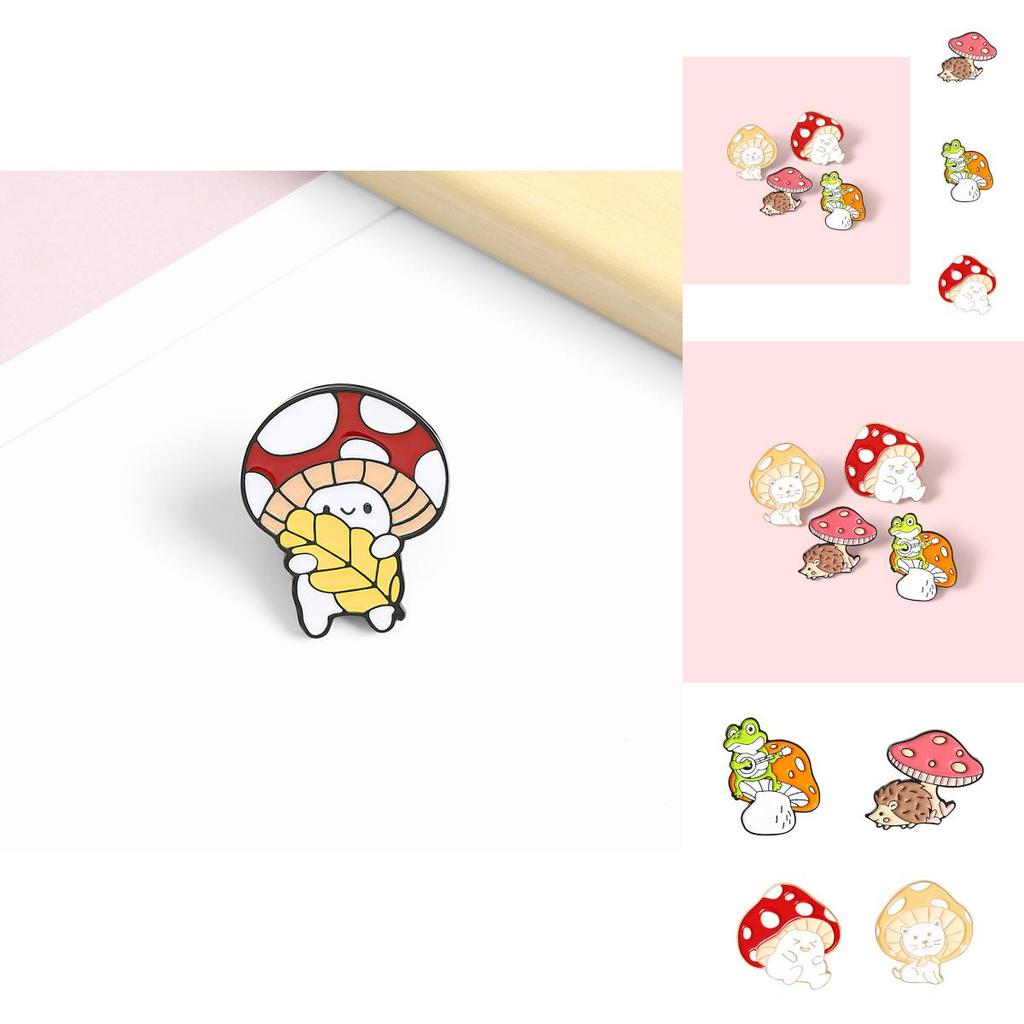 Стильные унисекс мультяшные броши в виде грибов, демонстрирующие восхитительные иконки кошки, ежа и лягушки