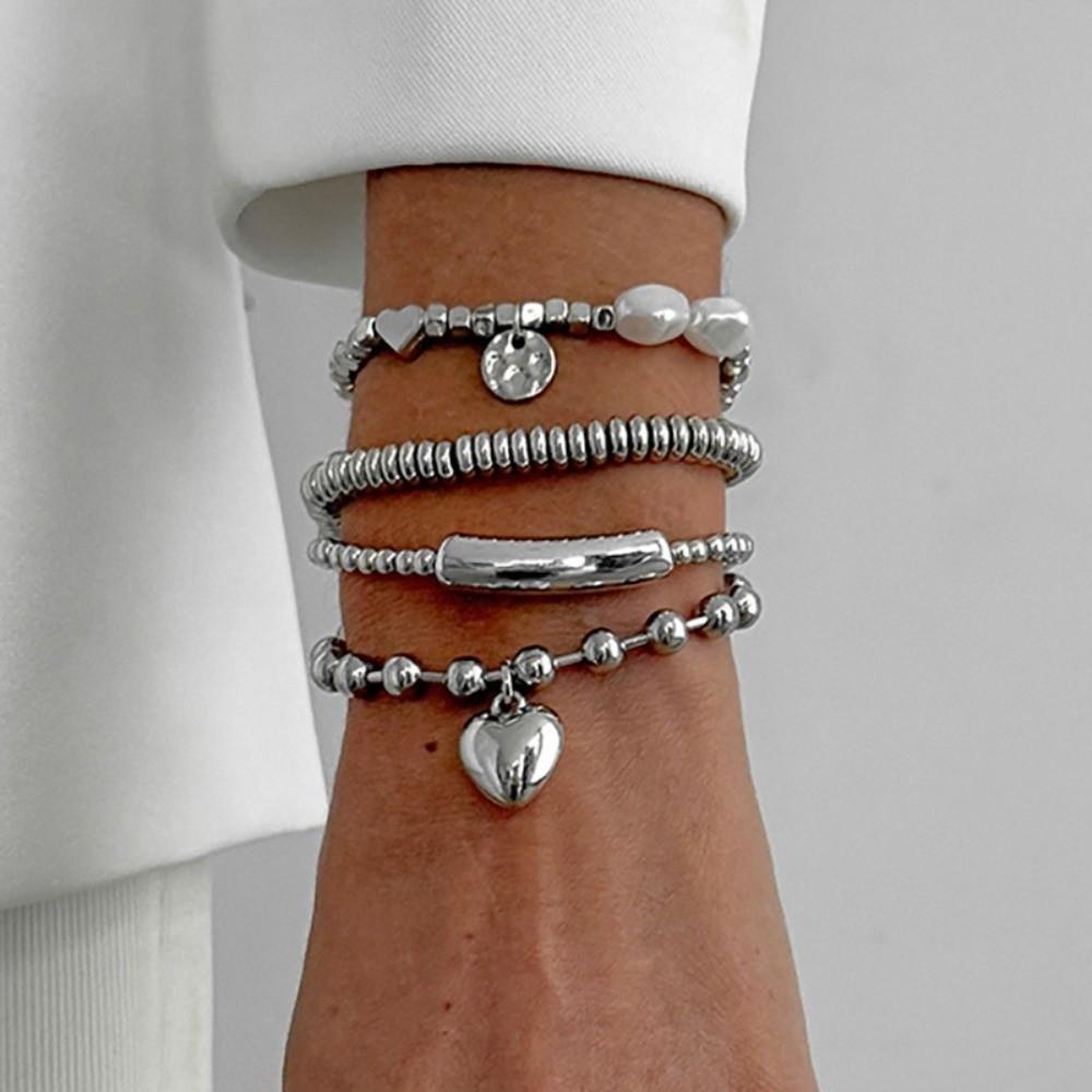 Beaded Heart Pendant Bracelets Stackable Metal Hand Chain Vintage Imitation Pearl Bracelets  Party