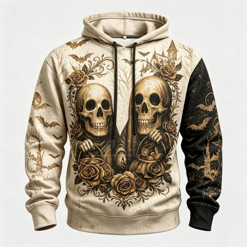 Men's Green Moon Ghost Haunted Castle Forest Bat Full Print Hoodie Halloween Gothic Long Sleeve Hooded Sweatshirt For Streetwear