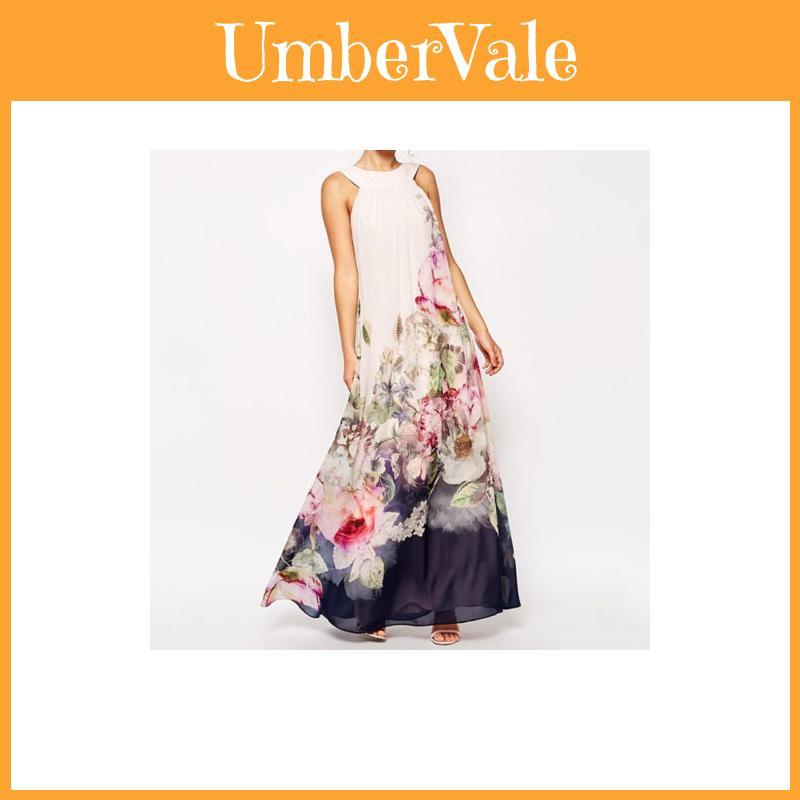 Beautiful Lady Women Floral Summer Beach Boho Style Long Chiffon Dress For Parties And Evenings