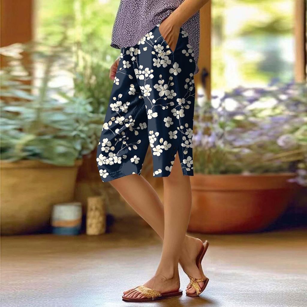 Женские брюки с принтом, модные повседневные шорты с карманами и эластичной резинкой на талии