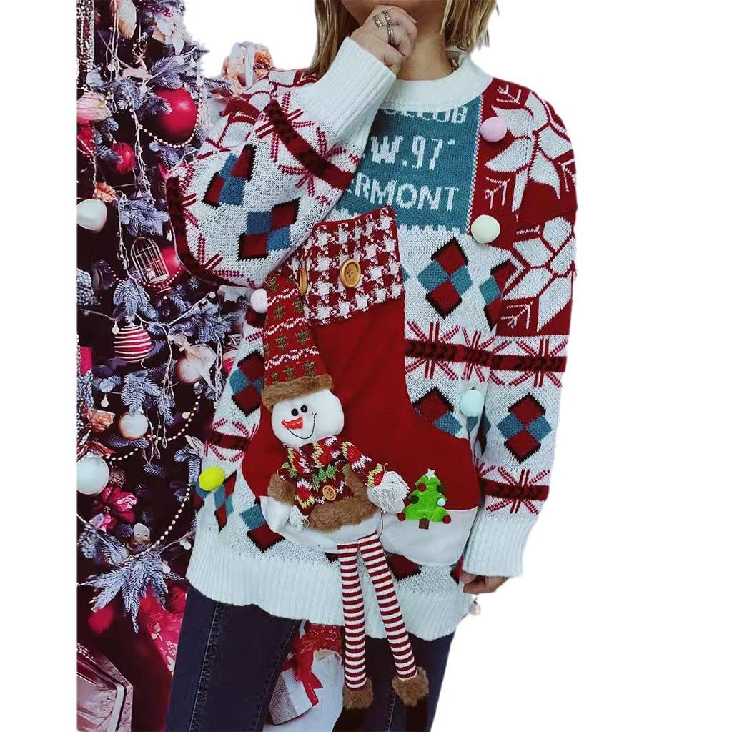Foreign Trade Autumn and Winter New Thick Christmas Sweater Hand Decorated Button Letters Snowman Doll Pullover Sweater for Women 3525 EMA