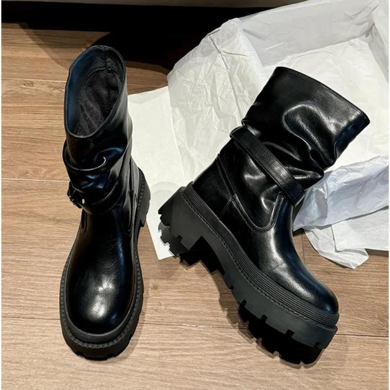 Shoes Female 2024 High Quality Slip-on Women's Boots Fashion Belt Buckle Modern Boots Women Hot Sale Round Toe Mid-Calf Boots