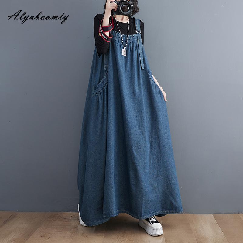 Корейский стиль, весна-осень, женский джинсовый сарафан больших размеров, мешковатое свободное винтажное платье больших размеров с карманами на бретелях