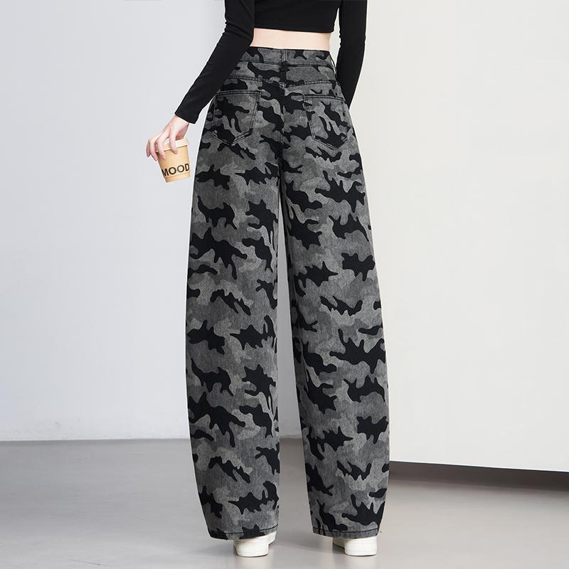 Vintage camouflage wide-leg straight jeans women's high waist autumn loose drape denim scimitar pants